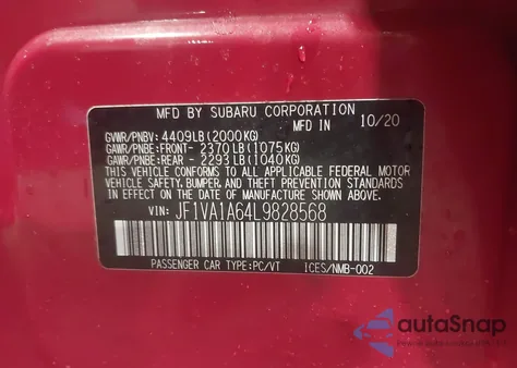 2020 Subaru Wrx from USA, damaged, VIN JF1VA1A64L9828568